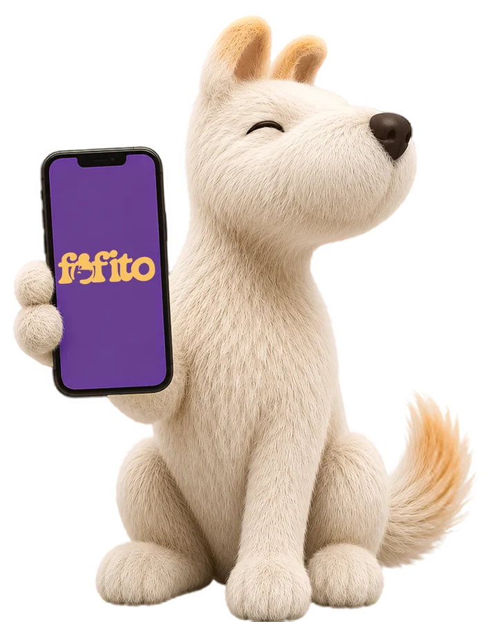 Fofito, o mascote, mostrando o app no celular
